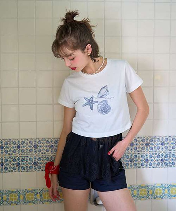 Shell Illustration Short Sleeve T-Shirt [Korean Fashion],Light green, medium image number 1