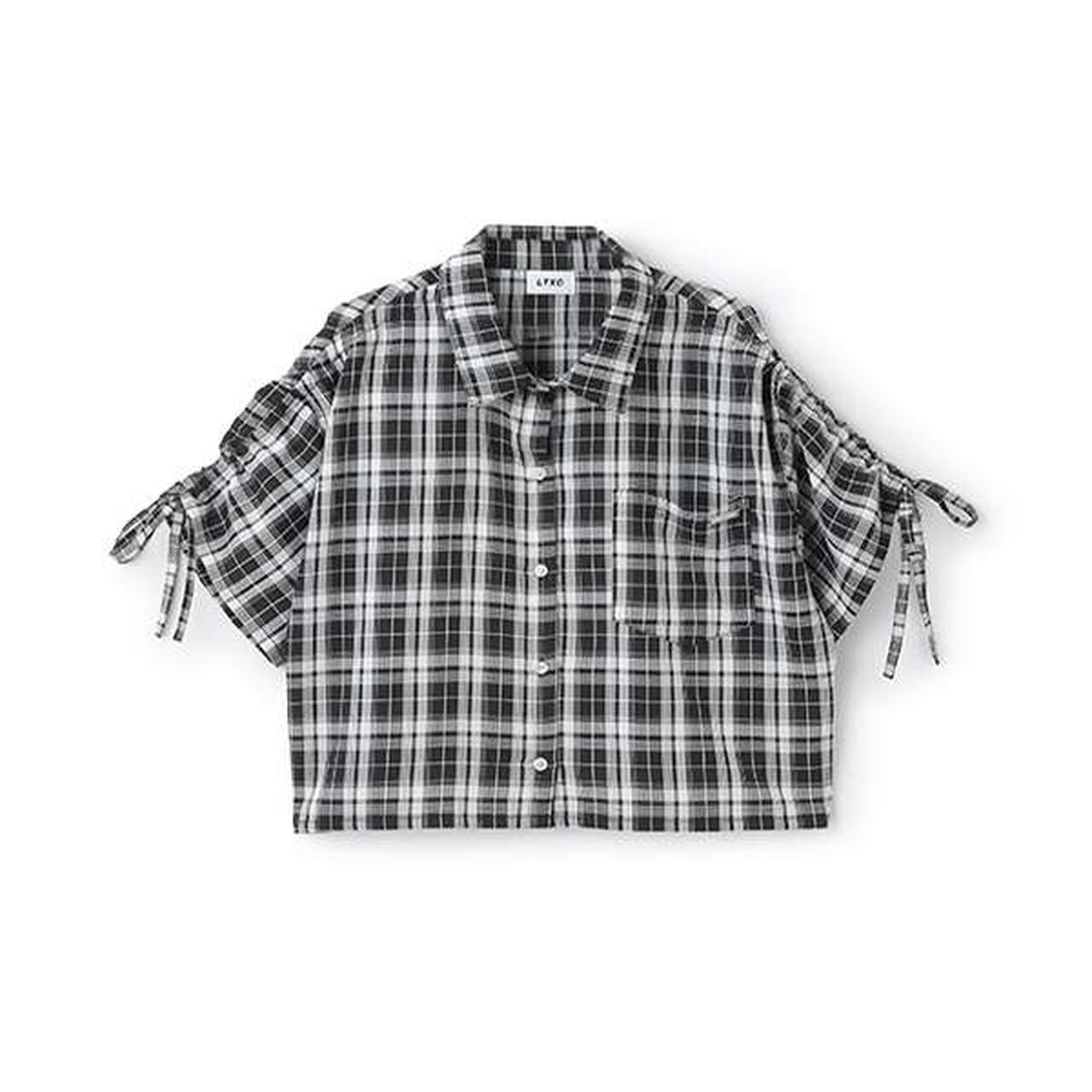 Drawstring Short-Sleeve Checkered Shirt,Blue, large image number 9