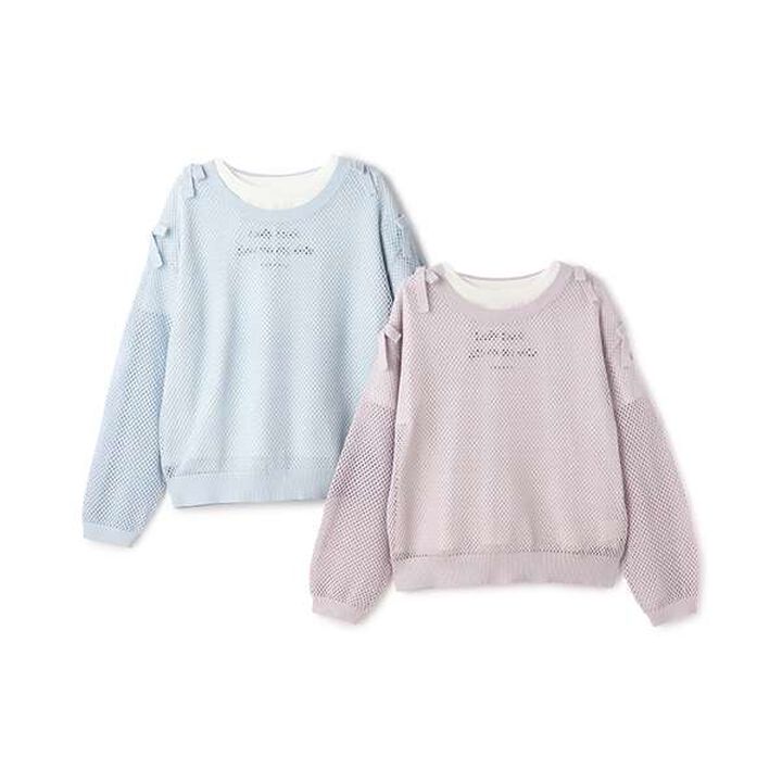 Lurex Mesh Knit & Short Sleeve T-Shirt Set,Light pink, medium image number 5