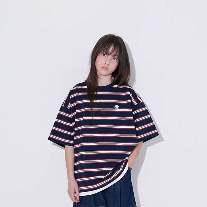 Stripe Pattern One-Point Embroidery Layered Big Short Sleeve T-Shirt,Navy, medium image number 0