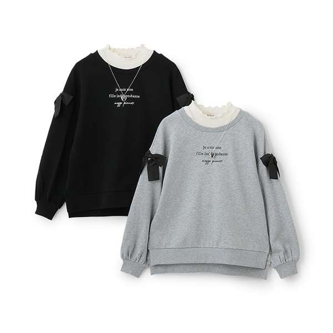 Sweatshirt with Shoulder Ribbons and Necklace,Black, large image number 5