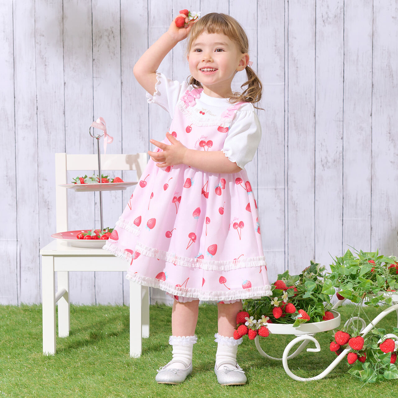 Strawberry Cherry Polka Dot Docking Dress & Bloomers Set,Off white, large image number 13