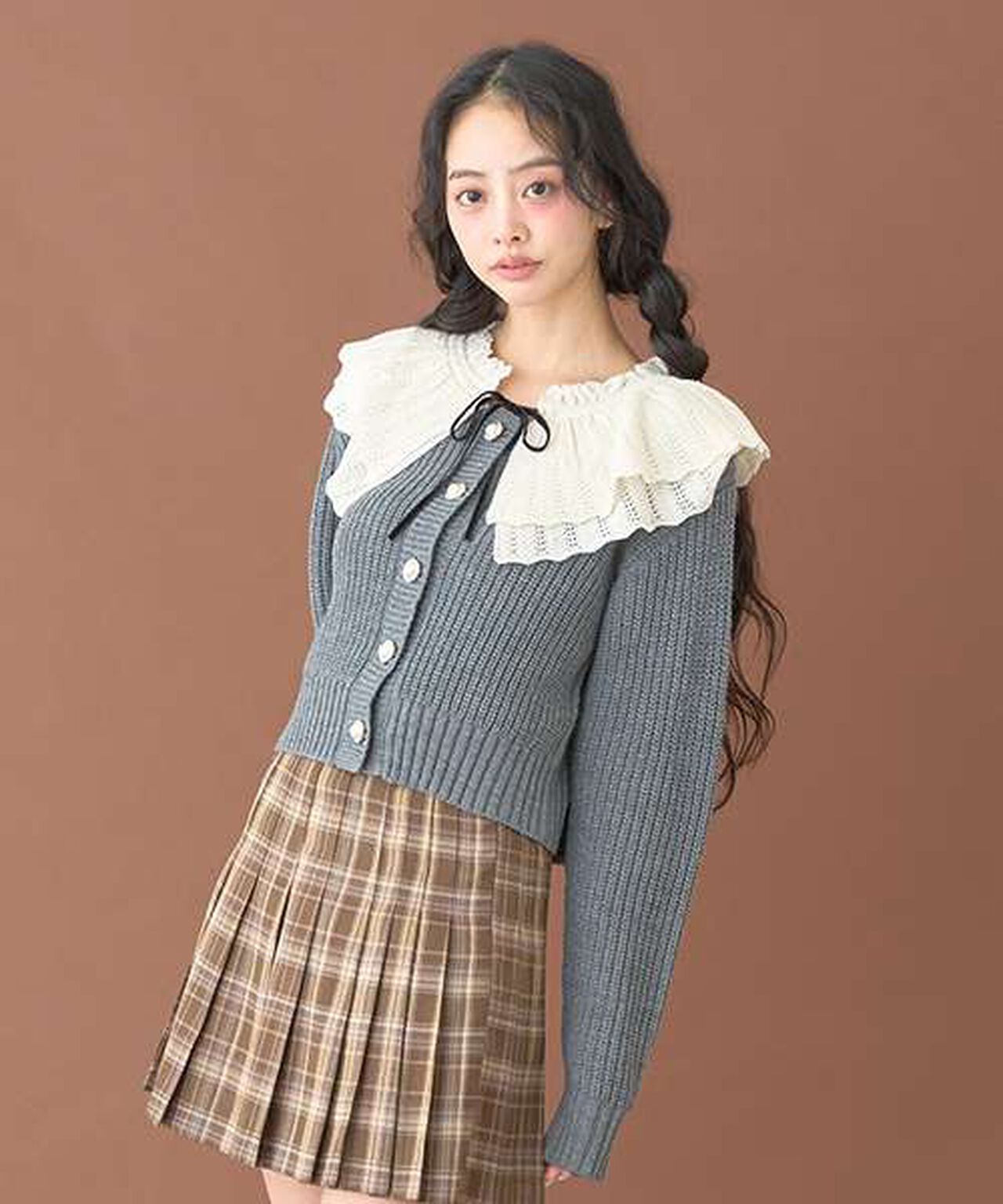 Frill Collar Pearl Button Cardigan [Korean Fashion],Navy, large image number 1