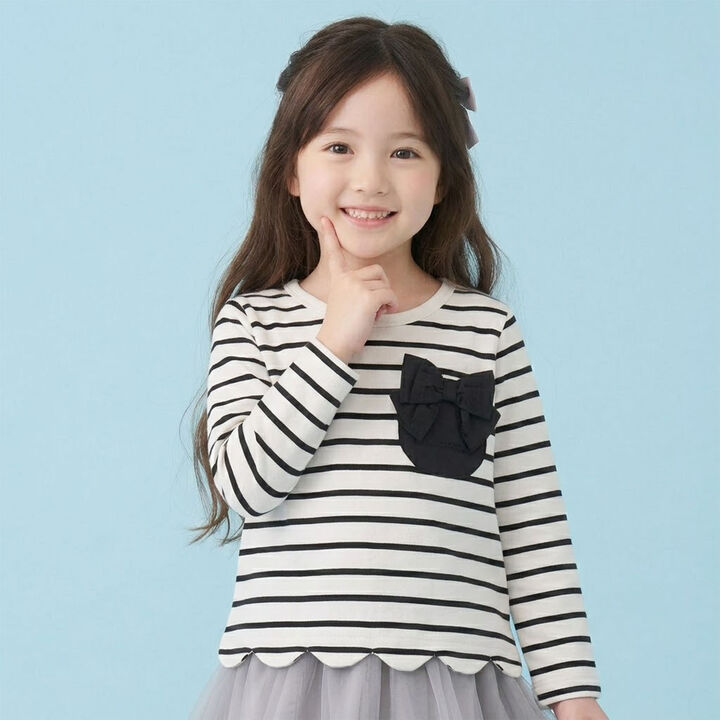 Ribbon Pocket Scallop Trim Striped Long-Sleeve T-Shirt,, medium