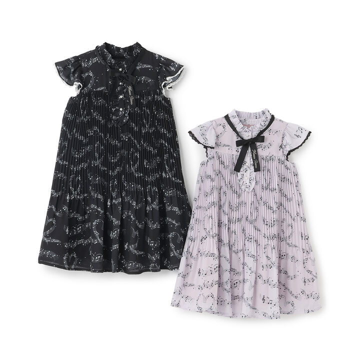 Melody Pattern Pleated One-Piece Dress,Black, medium image number 10