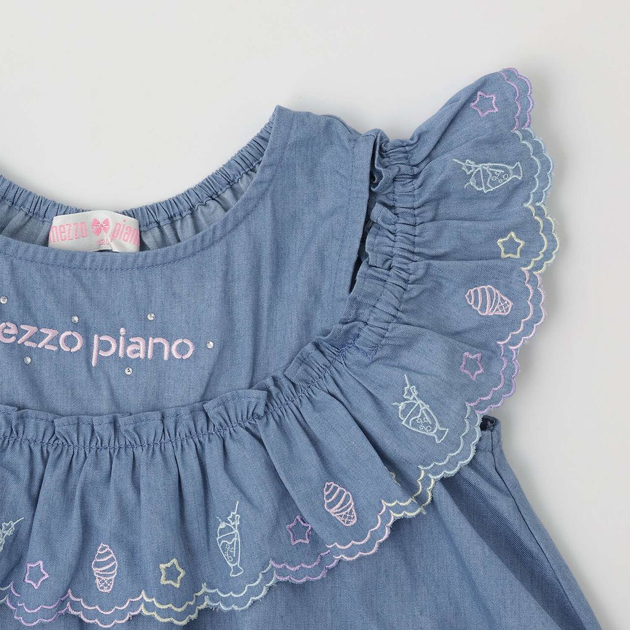 Cutwork Embroidery 2WAY Shoulder-Opening Denim One-Piece Dress [Cool Touch],Sax blue, large image number 9
