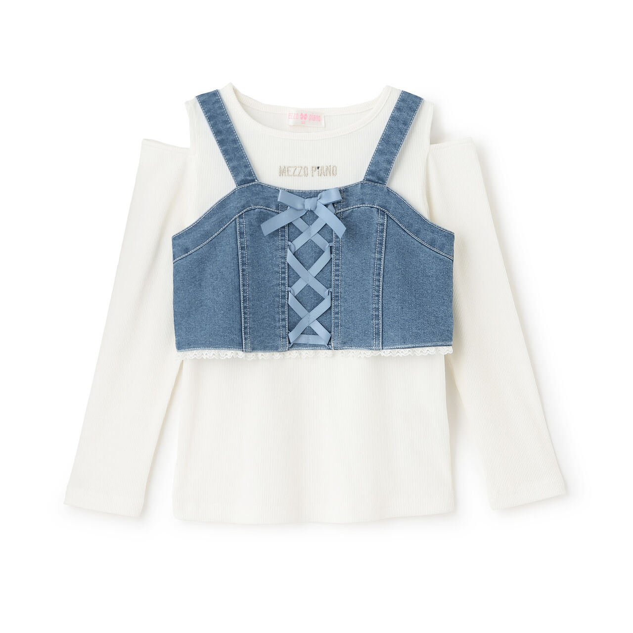 Lace-Up Ribbon Bustier & Long-Sleeve T-Shirt Set,Sax blue, large image number 0