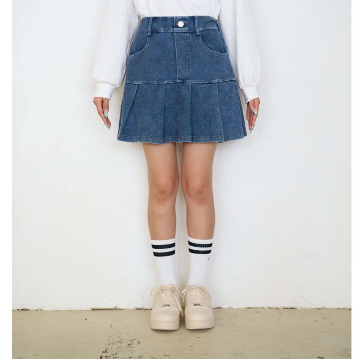 [Stretch] Denim-Look Cut Pleated Skirt,Blue, medium image number 19