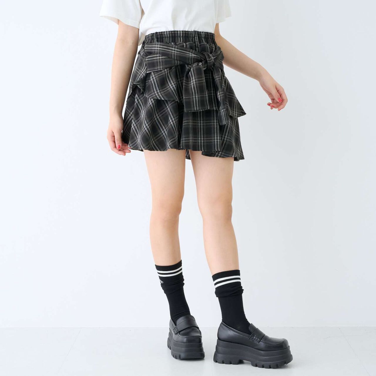 [LTXC] Checkered Wrap-Around Hem Culottes,Black, large image number 3