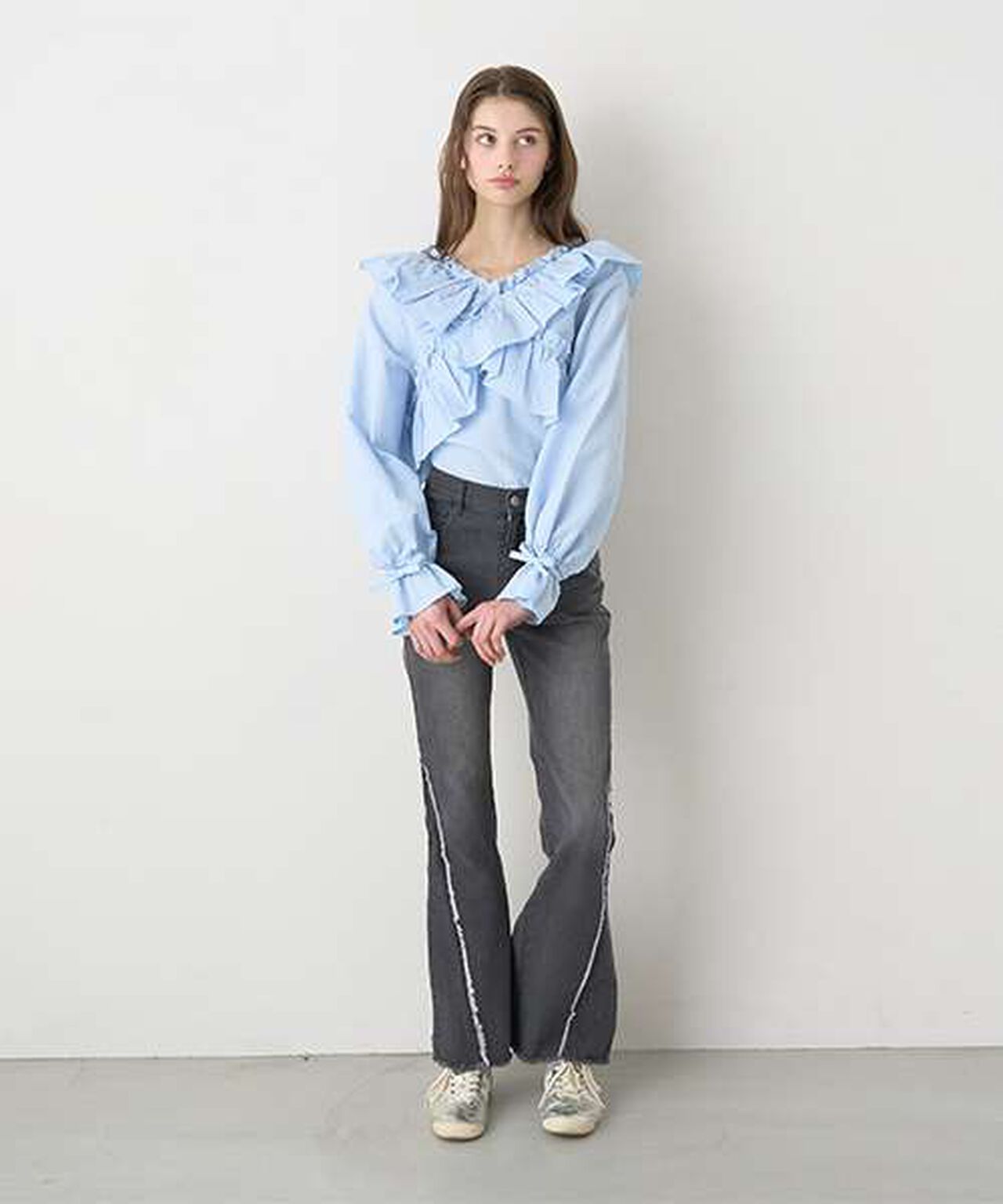 Fringe Denim Flare Pants,Light blue, large image number 1