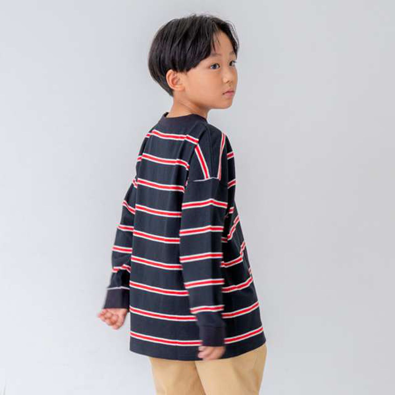 Multi Stripe Pattern Ribbed Sleeve Big Long T-Shirt,Beige, large image number 17