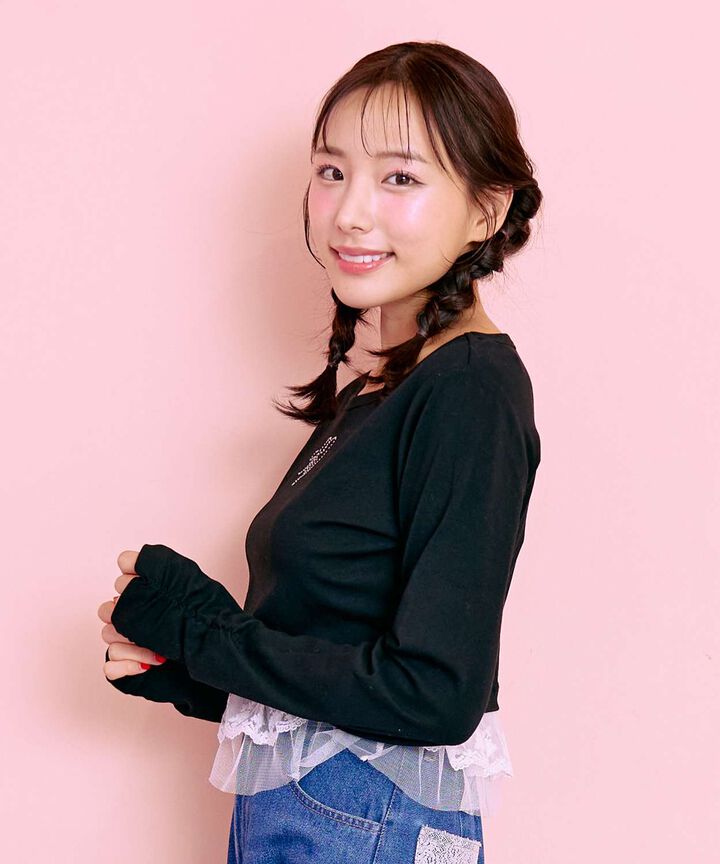 Hem Frill Rhinestone T-Shirt [Korean Fashion],Pink, medium image number 1