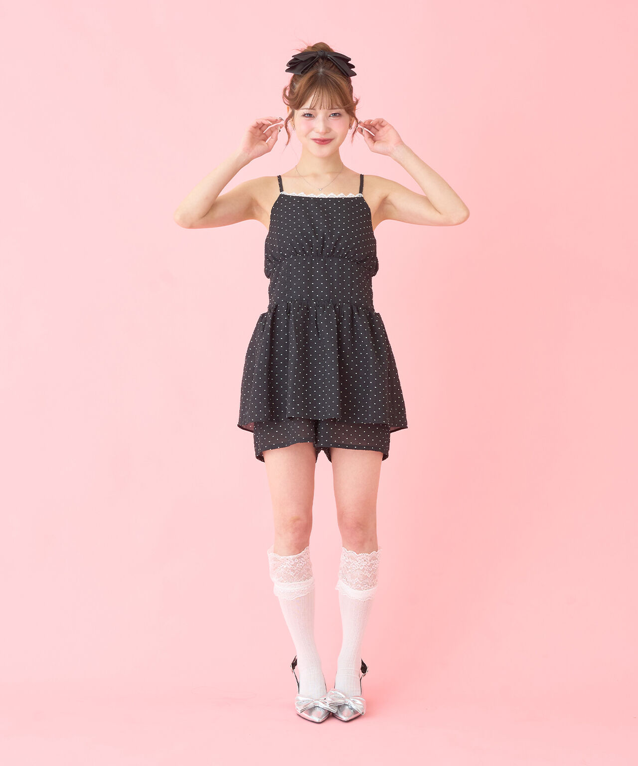 Polka Dot Peplum Mini Overalls,Black, large image number 0
