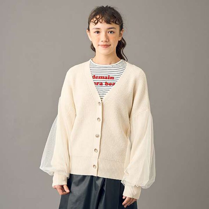 [AMI] Overlay Tulle Sleeve V-Neck Cardigan,Ivory, medium image number 0