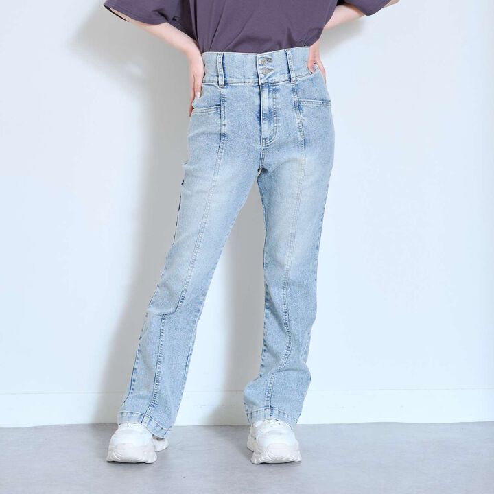 [Stretch] Stylish Flare Denim Pants,Sax blue, medium image number 6