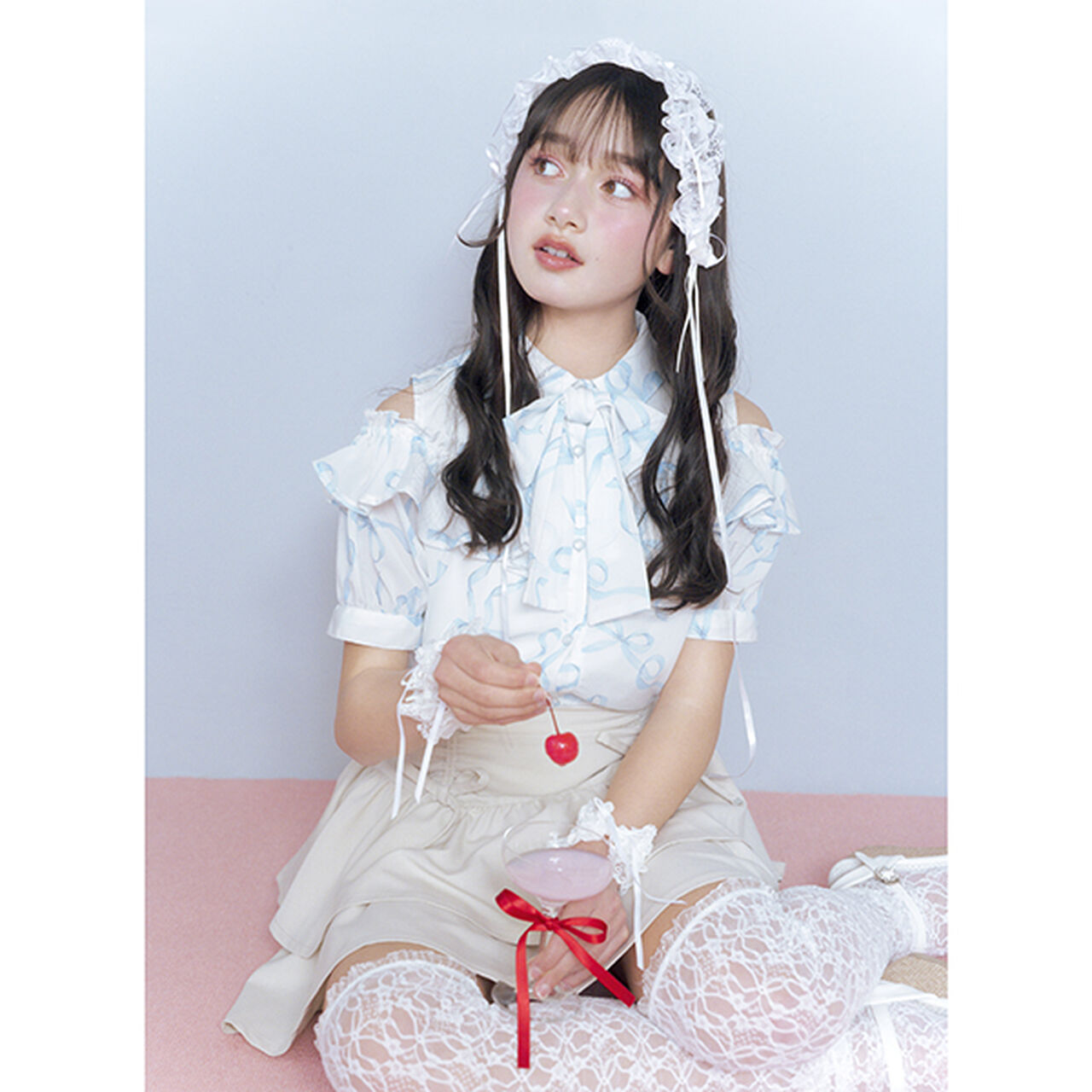 Drawstring Tiered Skirt with Shorts,Light blue, large image number 1