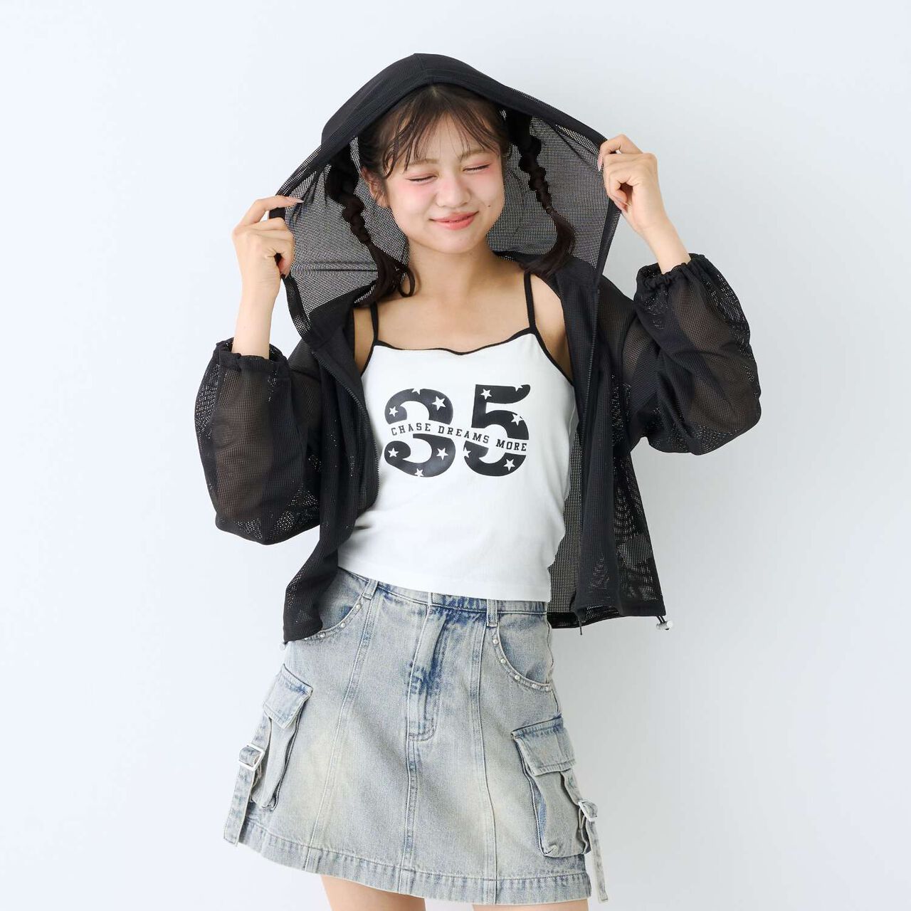 [LTXC/Antibacterial Deodorizing] Mesh Hoodie with Camisole,Black, large image number 9