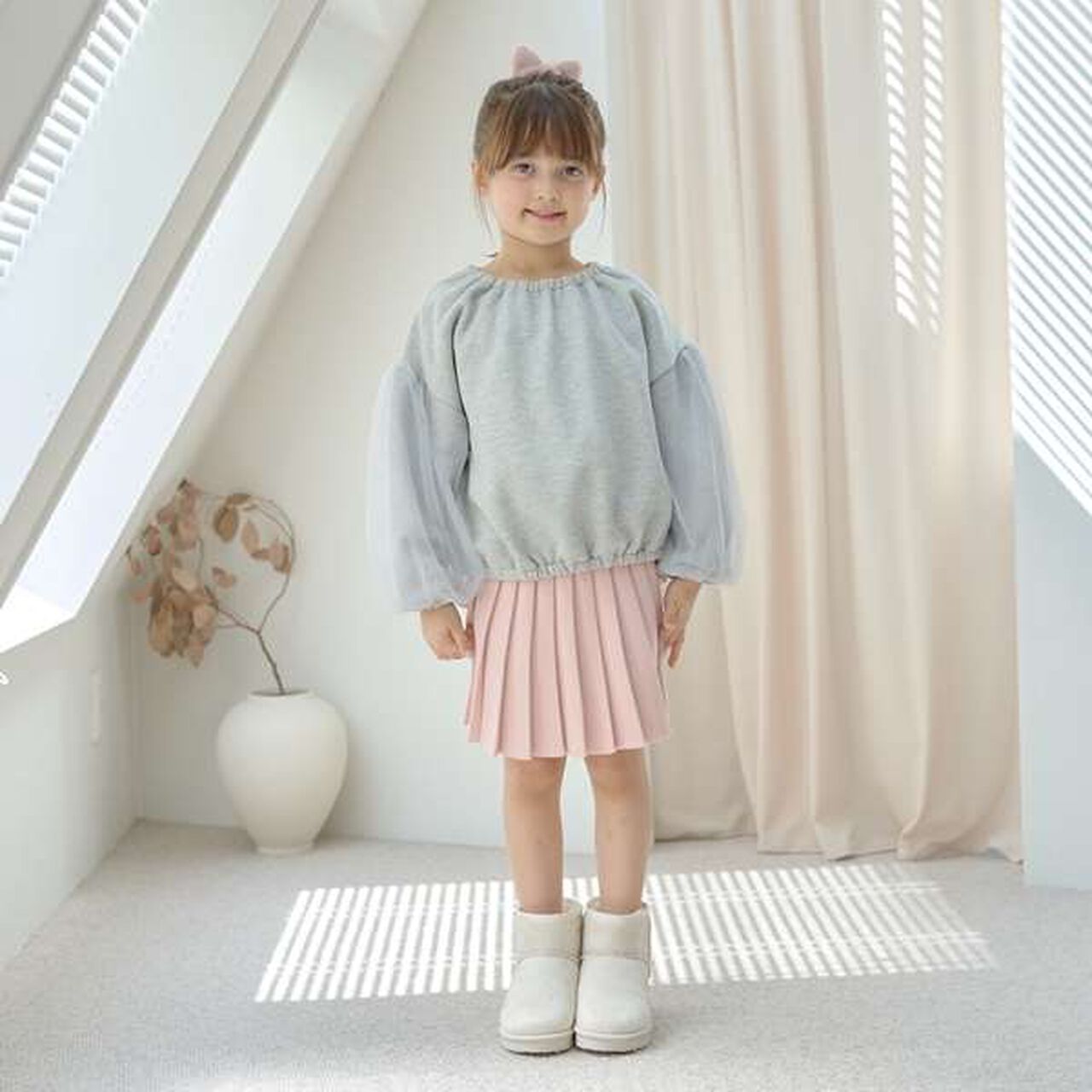 Wool Lined Tulle Sleeve Pullover,Top gray, large image number 7