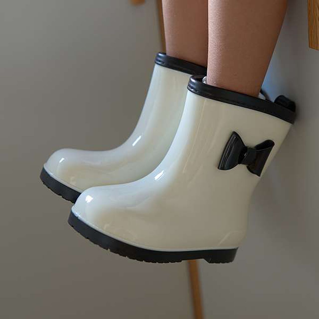 Bi-Color Rain Boots with Ribbon,Black, large image number 3