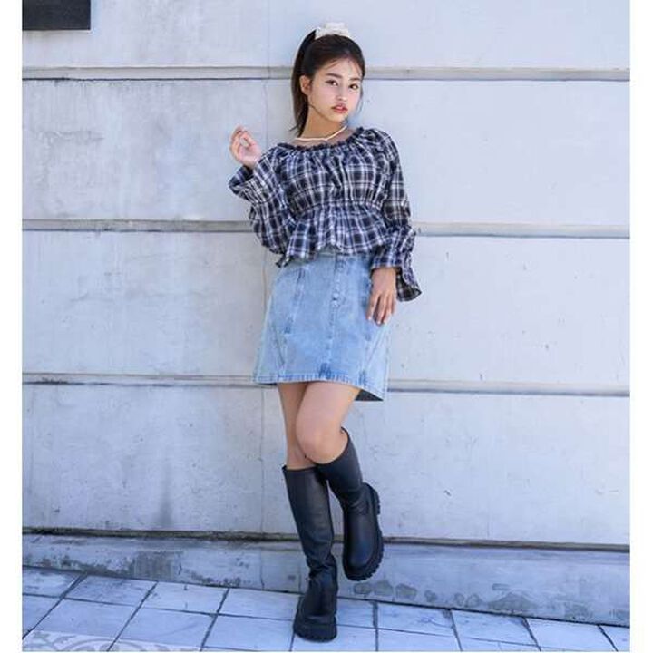 Checked Off-Shoulder Blouse,Brown, medium image number 2