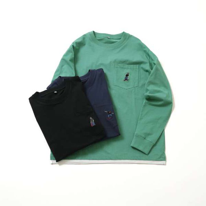 Embroidered Pocket Bob Layered Hem Long-Sleeve T-Shirt,Black, medium image number 7