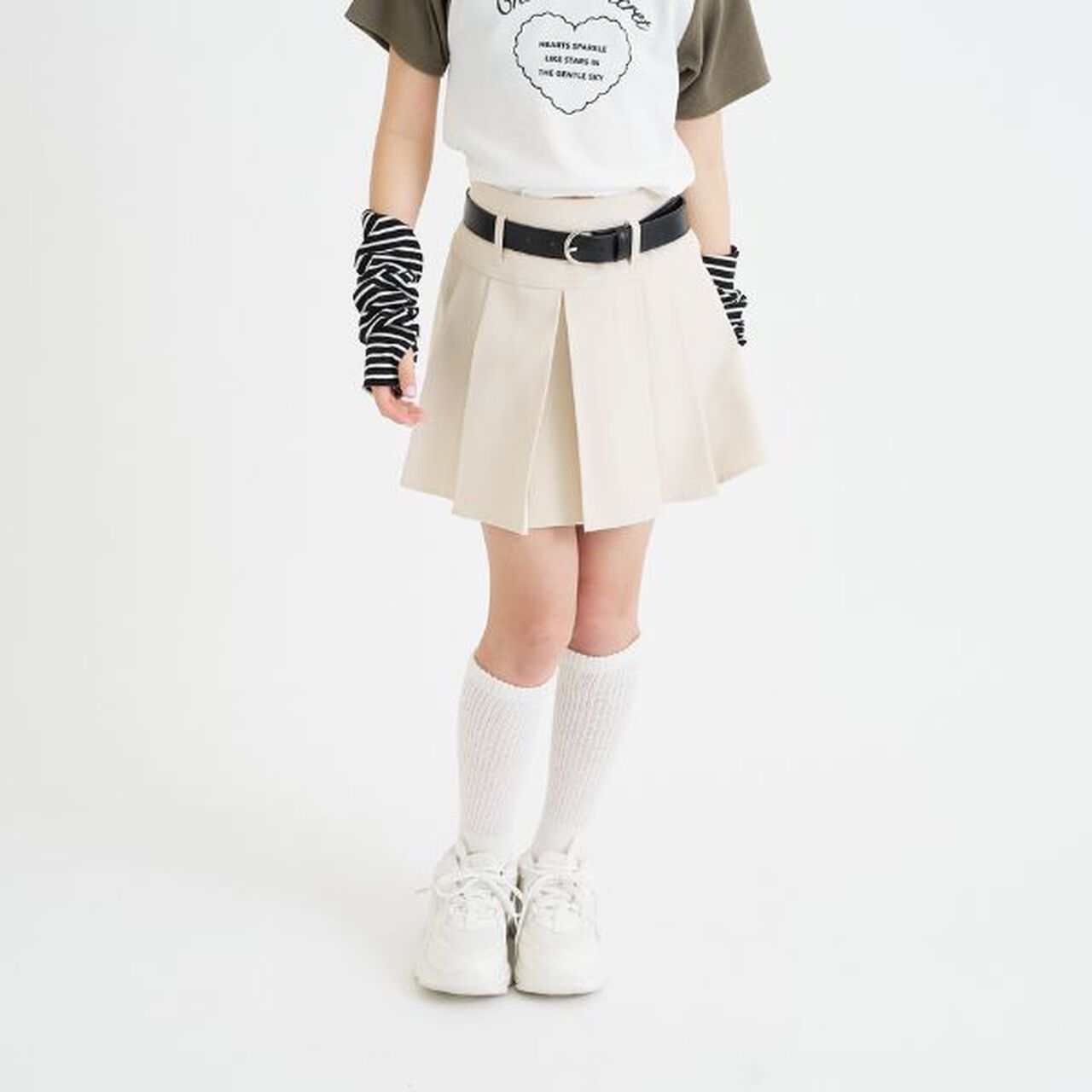 Pleated Mini Skirt with Belt,Light beige, large image number 0