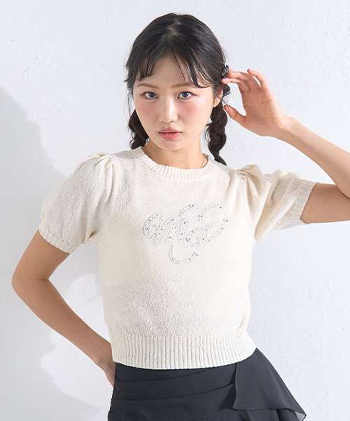 Jewel Logo Short-Sleeve Knitwear,Ivory, medium image number 2