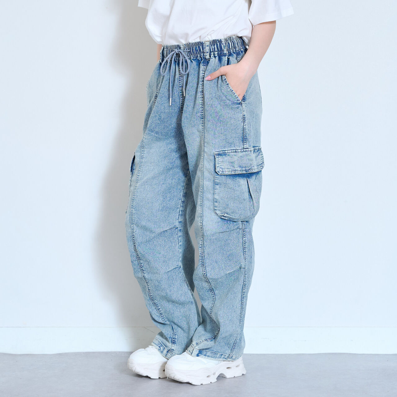 [LTXC/ME DENIM] Stretch Quick-Dry Denim Cargo Pants with Belt Loops,Blue, large image number 8
