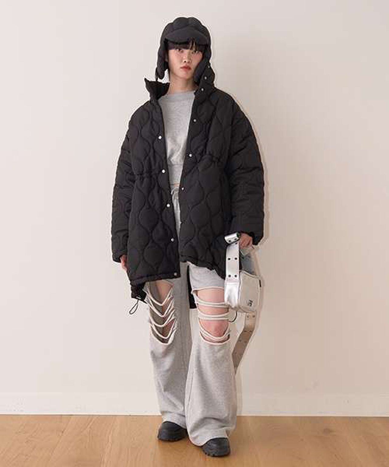 Quilted Bomber Jacket with Scarf,Ivory, large image number 4