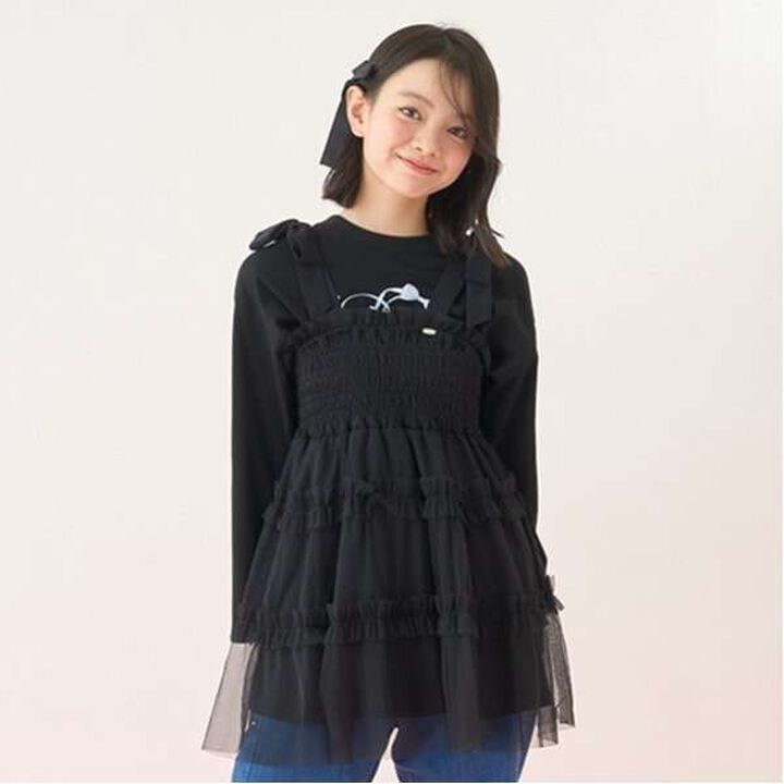 Shoulder Ribbon Fluffy Tulle Tunic,Black, medium image number 0