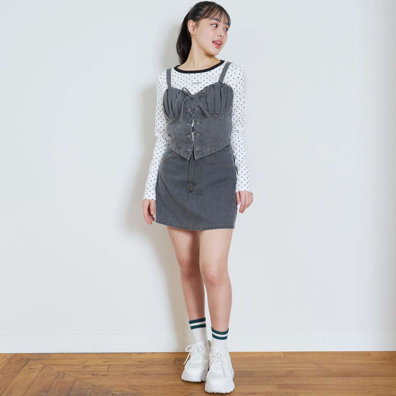 Denim Skirt Outfit Set,Gray, large image number 1