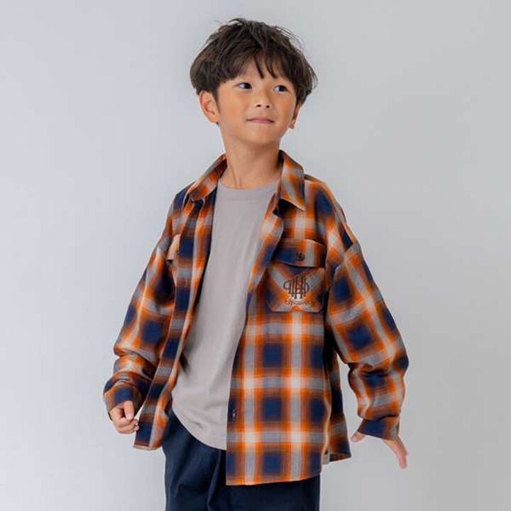 [Link] Ombre Check Emblem Embroidered Shirt,Orange, medium image number 0