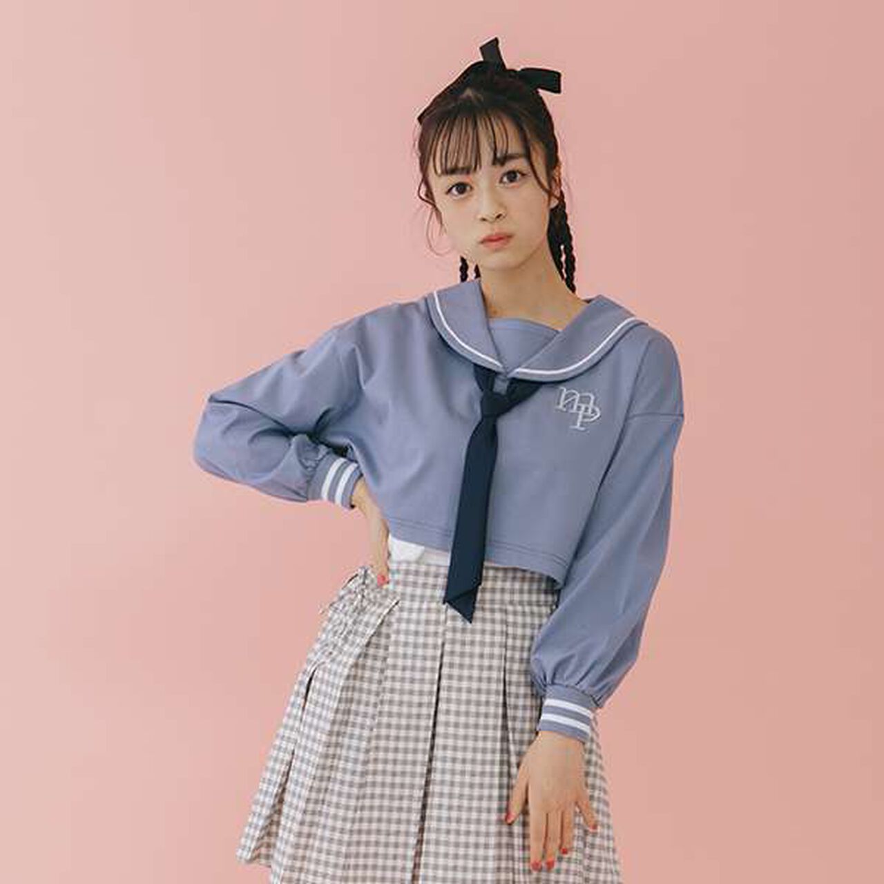 Short-Length Sailor Long-Sleeve Shirt & Tank Top Set,Sax blue, large image number 19