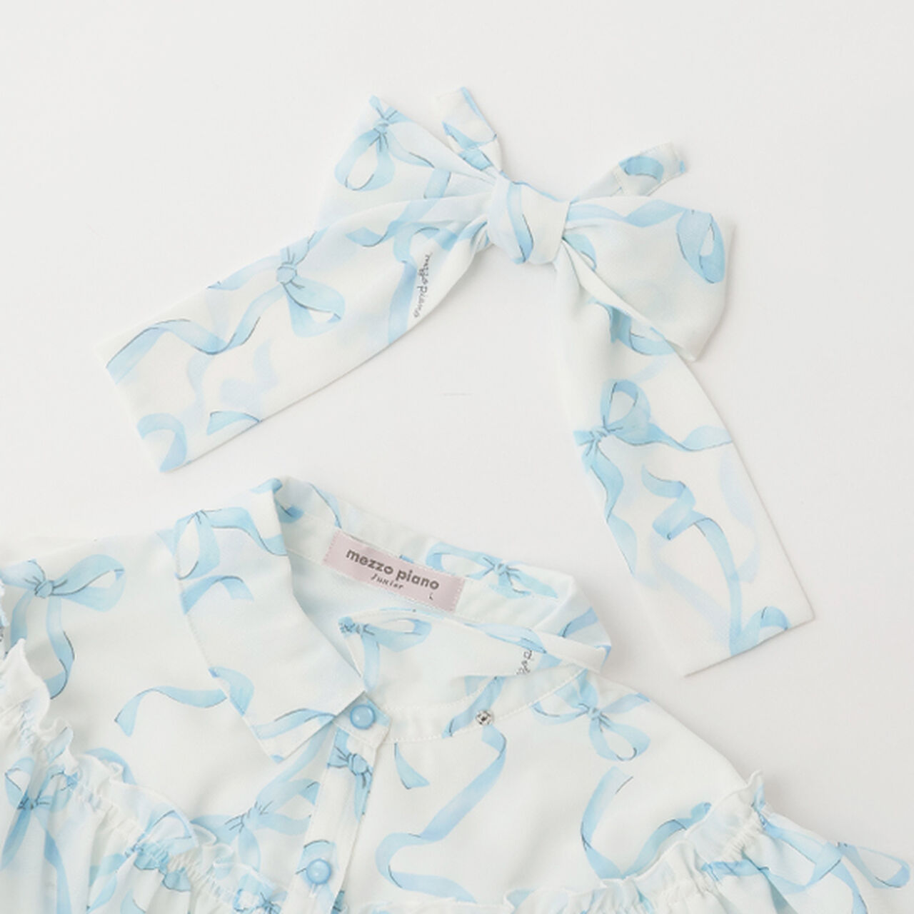 Frill Blouse with Bow Tie and Ribbon Pattern,Light blue, large image number 7