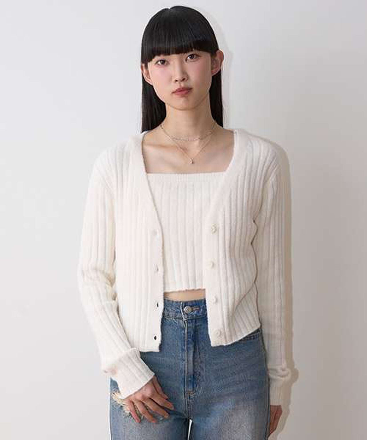 Ribbed Cardigan and Camisole Set,Ivory, large image number 12