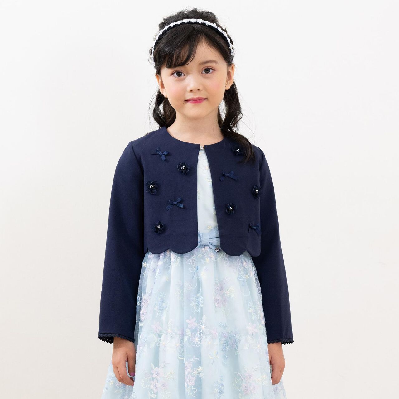 Flower Motif Scalloped Hem Jacket,Navy, large image number 0
