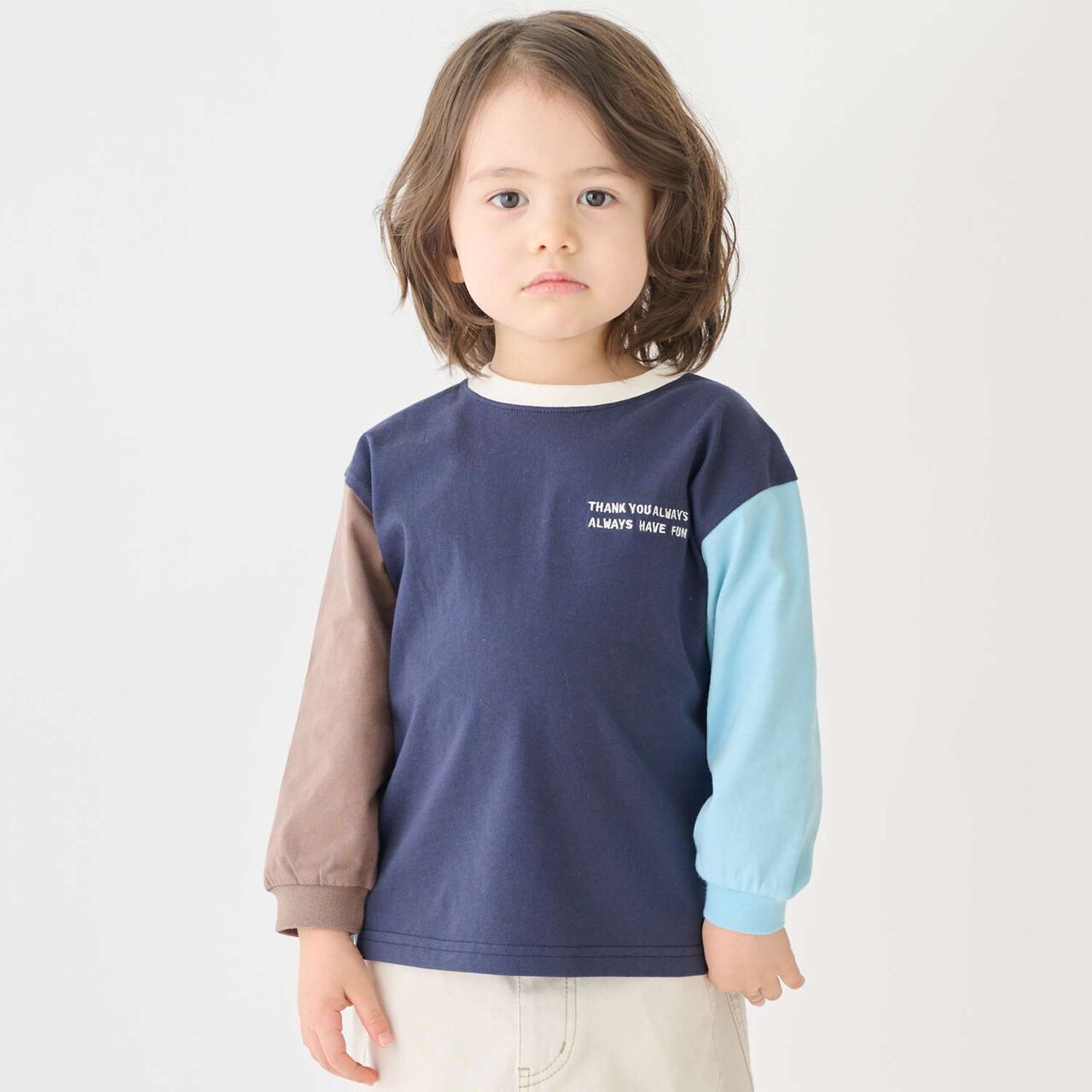 Color-Blocked Relaxed Long-Sleeve T-Shirt [Food Stain Resistant],Navy, large image number 0