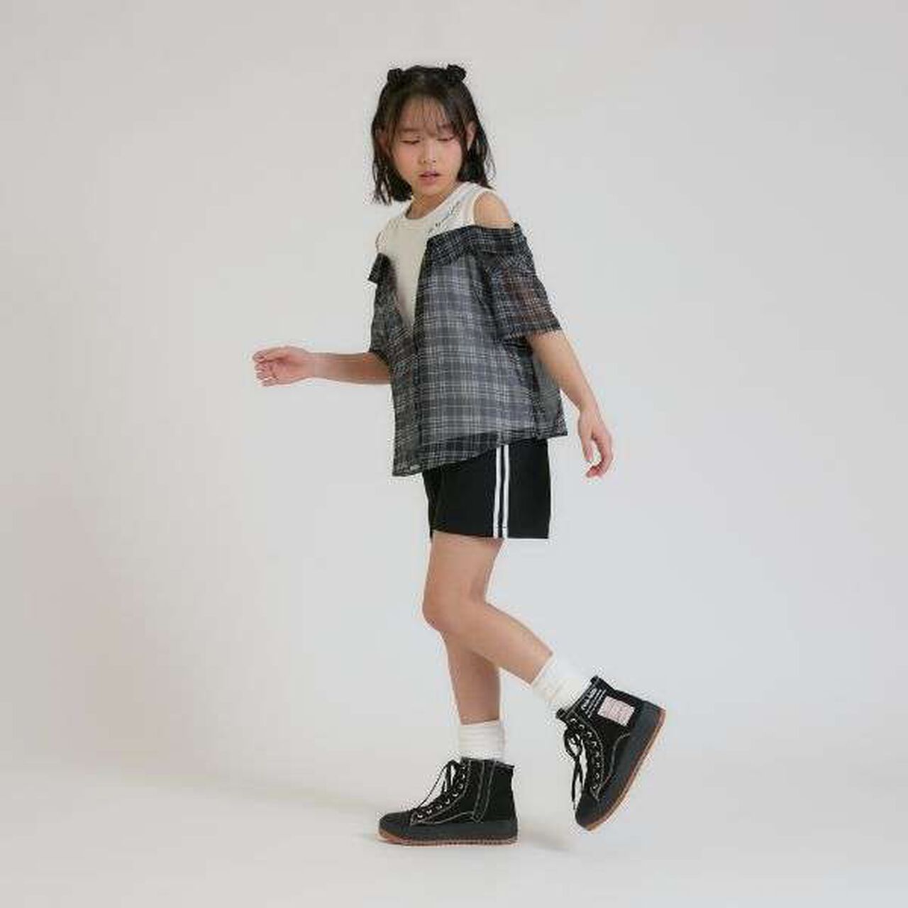 Shoulder Cutout Sheer Check Docking Shirt,Off white, large image number 13