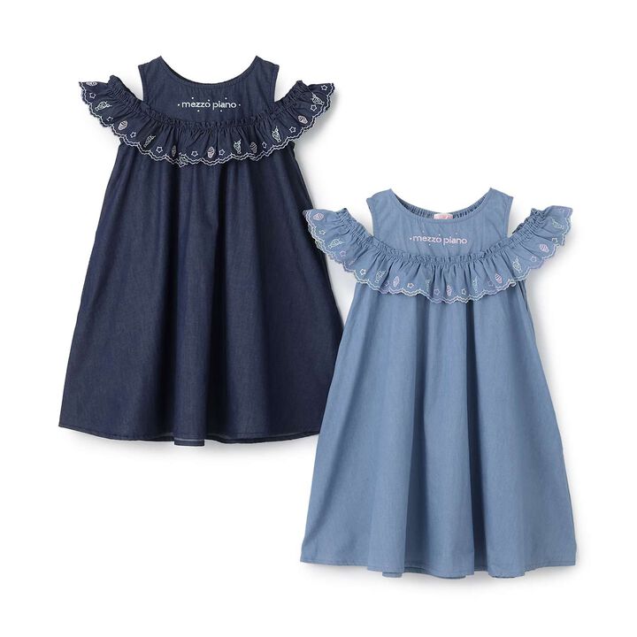 Cutwork Embroidery 2WAY Shoulder-Opening Denim One-Piece Dress [Cool Touch],Sax blue, medium image number 14
