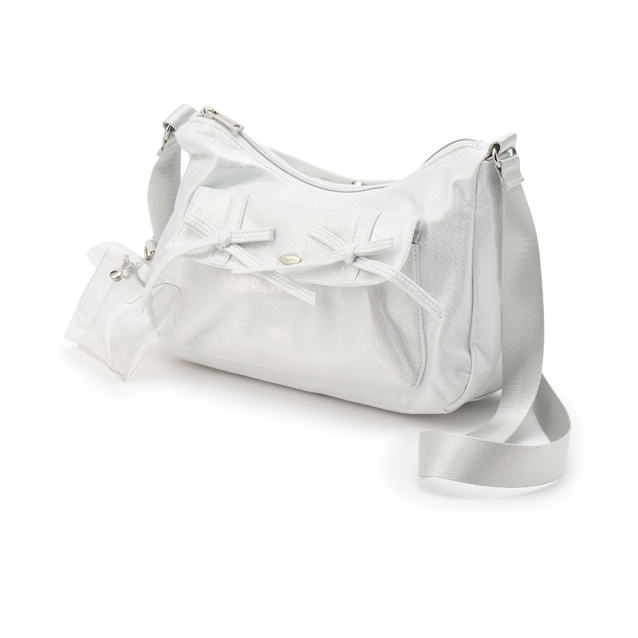 Sparkling Ribbon Flap Shoulder Bag with Pouch,Silver, large image number 0