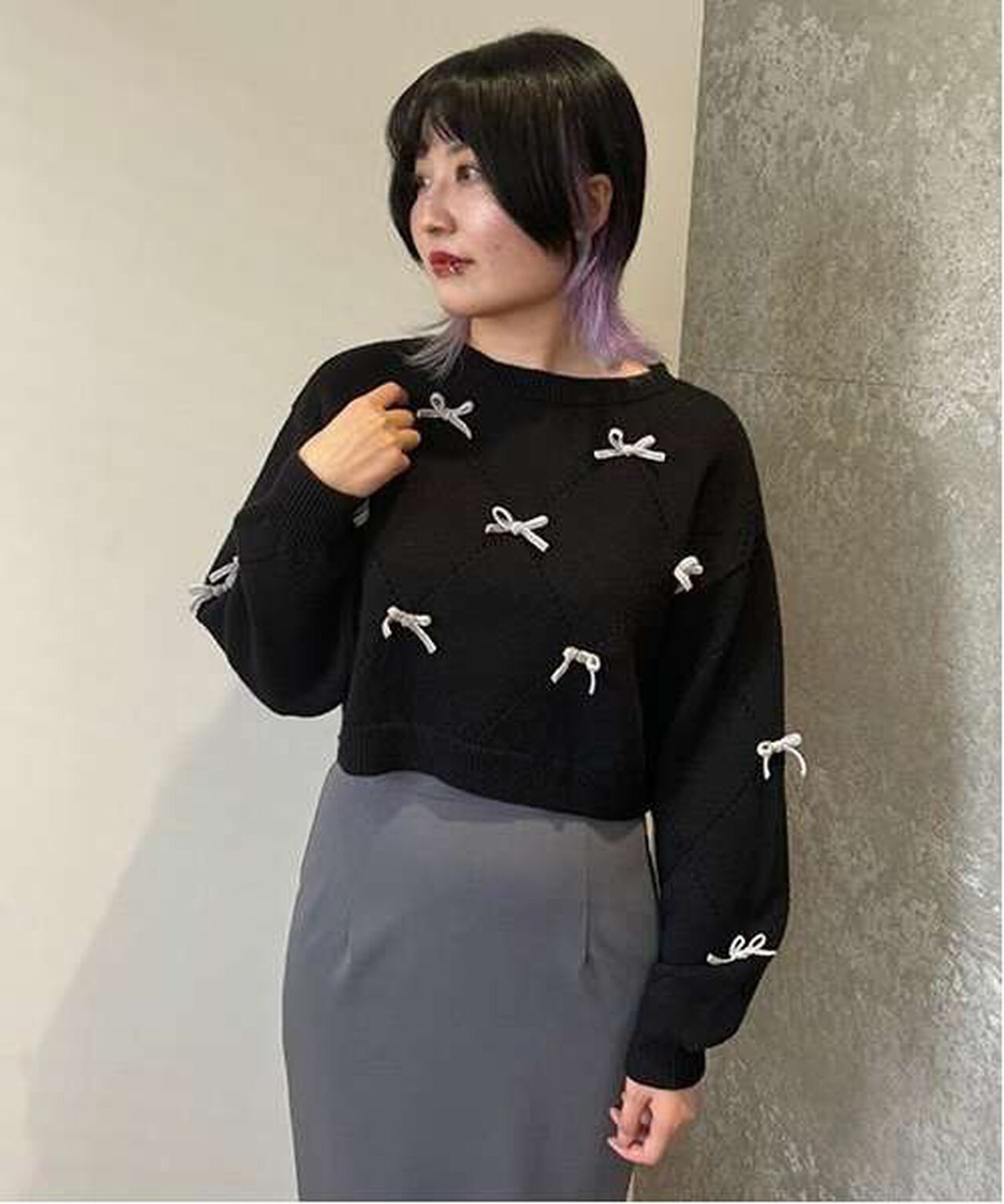 Ribbon Motif Diamond Knitwear,Black, large image number 3