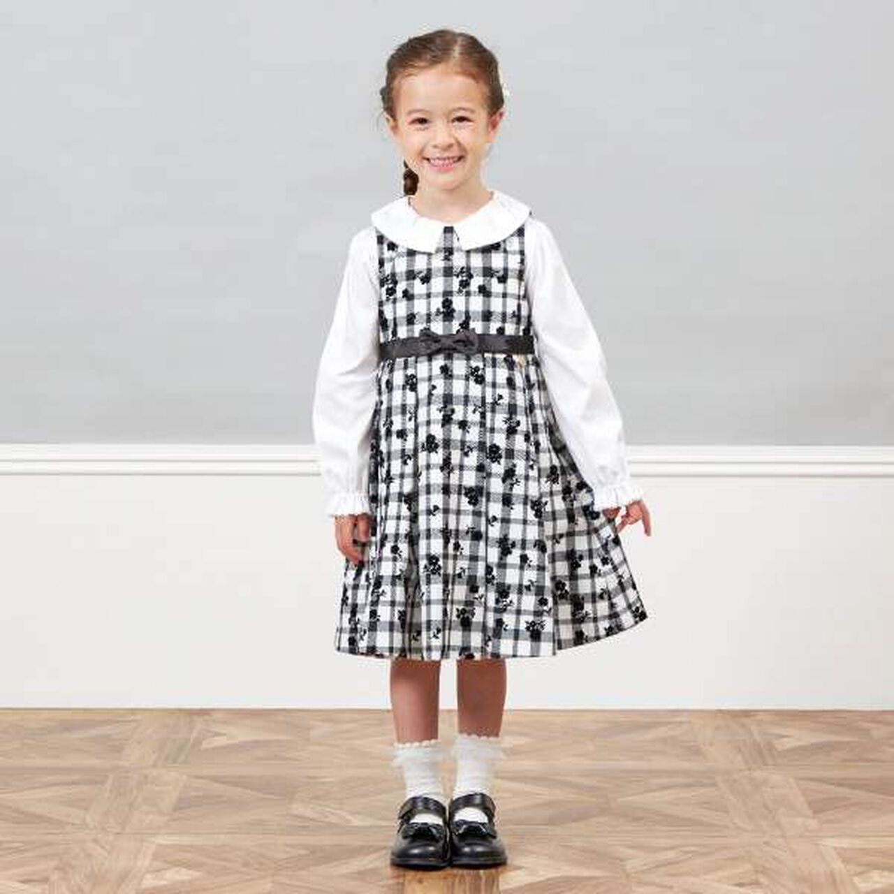 KP Check ON Flower Print Jumper Skirt (110-130),Black, large image number 1