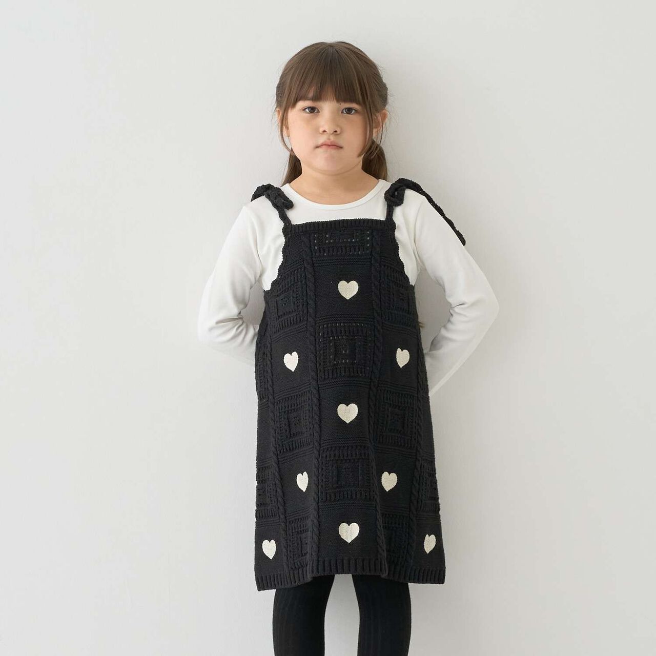 [Machine Washable] Black Crochet-Style Knit Docking One-Piece Dress,Black, large image number 7