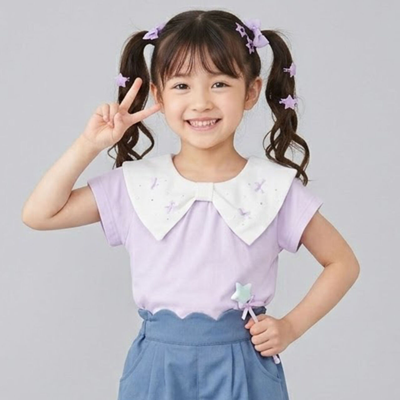Big Ribbon Collar Frill Sleeve Tunic,Lavender, large image number 0
