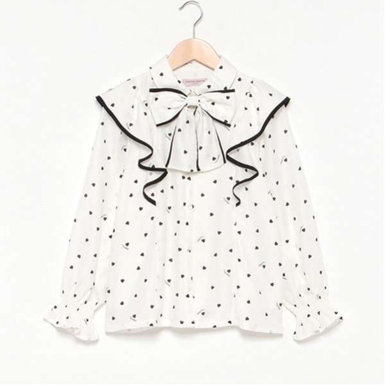 Frill Blouse with Bow Tie and Heart Pattern,Off white, large image number 2