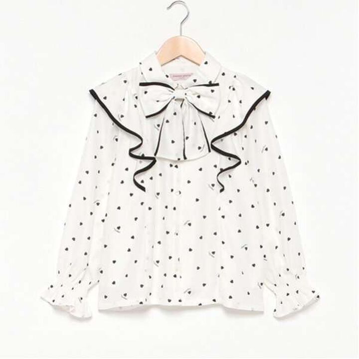 Frill Blouse with Bow Tie and Heart Pattern,Off white, medium image number 2