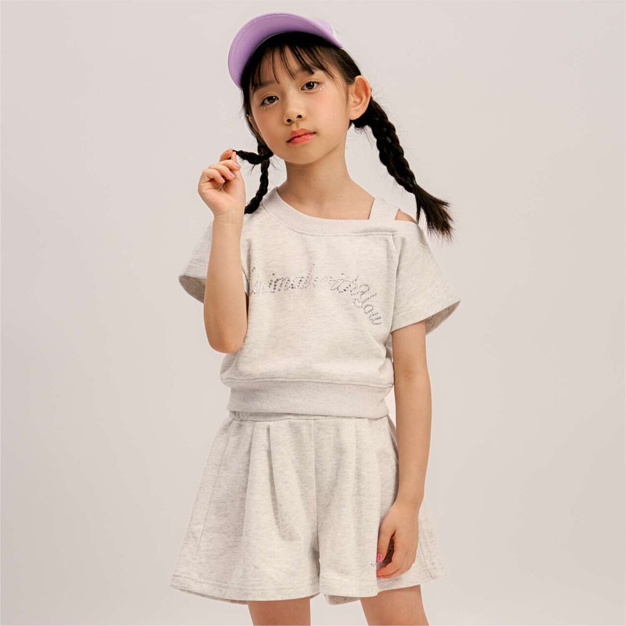 Rhinestone Logo One-Shoulder T-Shirt Outfit Set,Lavender, large image number 3