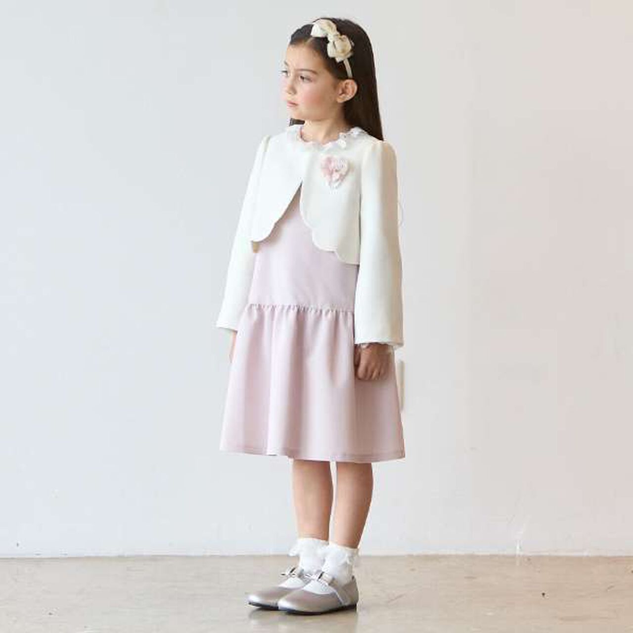 Long-Sleeve OP + Scallop Trim Jacket Set,Beige, large image number 1