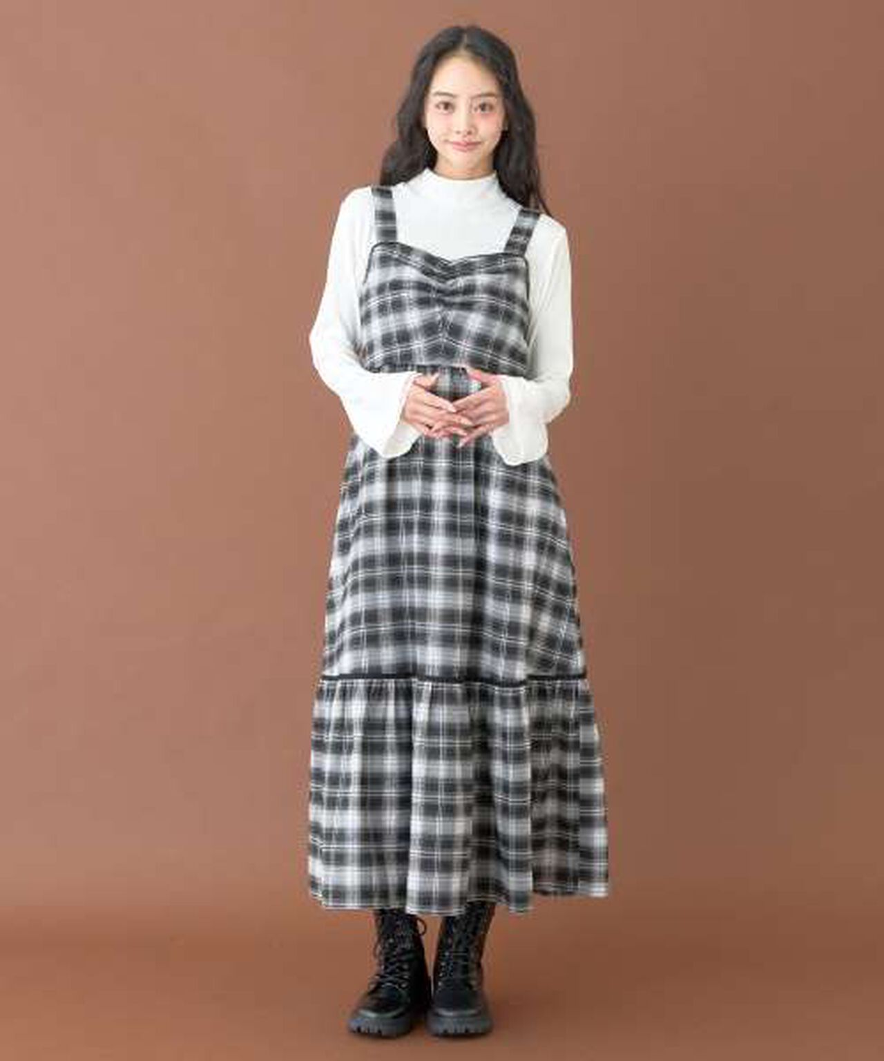 Gathered Checkered One-Piece Dress [Korean Fashion],Brown, large image number 1