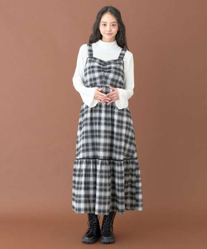 Gathered Checkered One-Piece Dress [Korean Fashion],Brown, medium image number 1